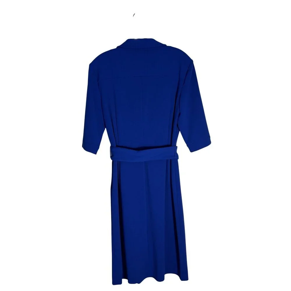 Tahari Arthur S. Levine Blue Belted Midi Faux Wrap Dress Collared Neck - Picture 2 of 11